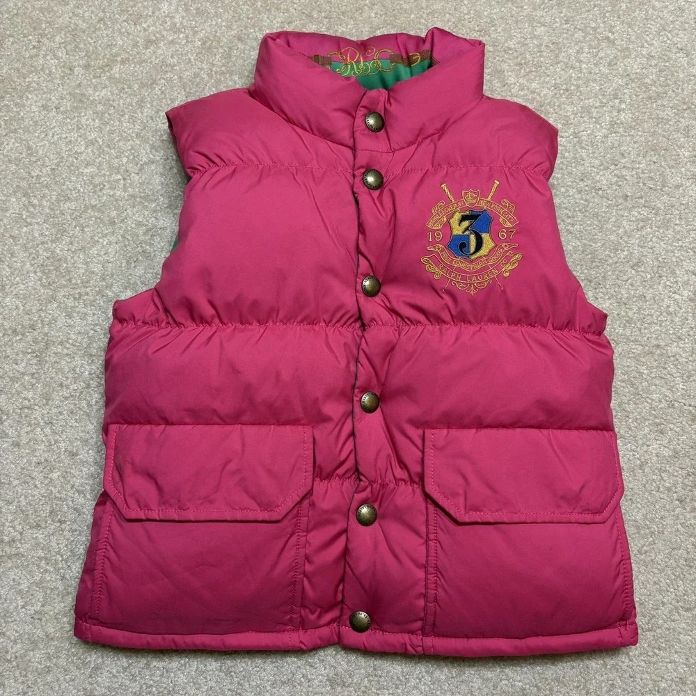 Ralph Lauren Vest Girls 7/8 Pink Green Reversible Puffer Quilted Crest Logo